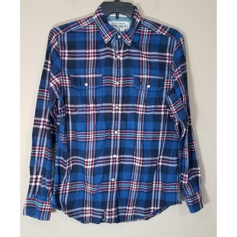 Nautica Flannel Shirt Men‎ Medium Long Sleeve Button-Down Blue Plaid